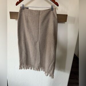 The Limited|Women’s tan beige wool midi skirt with fringe, classy boho style•••